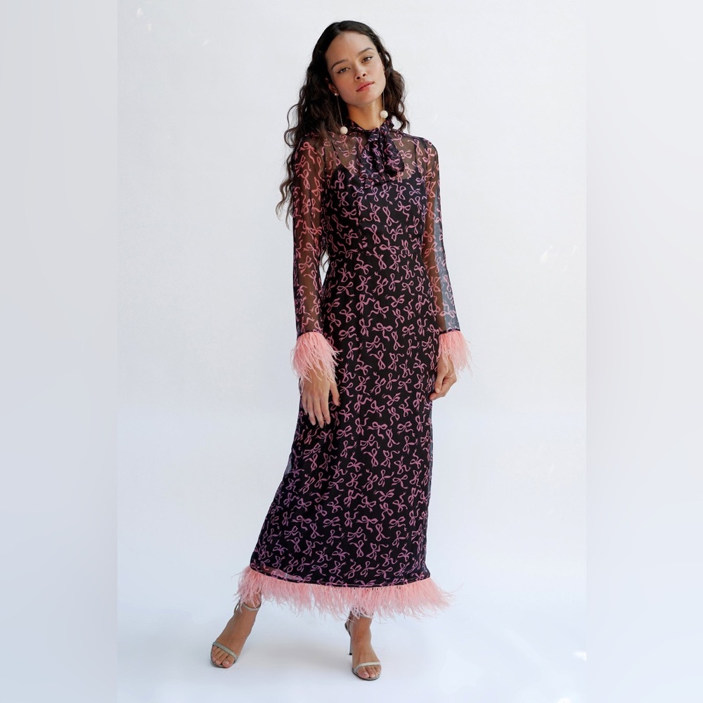 HVN Elisa Bow Dress with Feathers